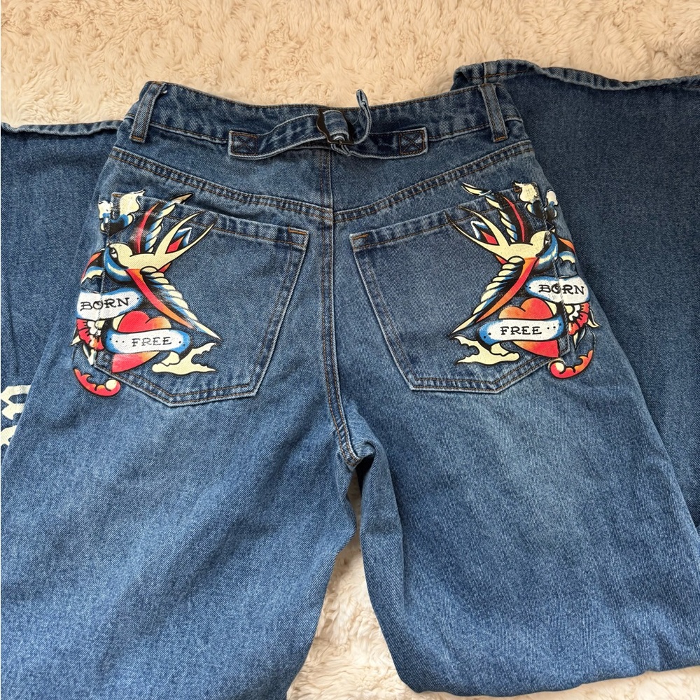 Ed Hardy Blue Wide Extra Baggy Jeans with Graphic Designs.